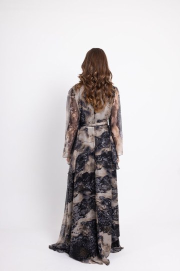 Φόρεμα maxi κρουαζέ με χρυσές λεπτομέρειες εμπριμέ μαύρο - 