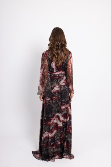 Φόρεμα maxi κρουαζέ με χρυσές λεπτομέρειες εμπριμέ μπορντώ - 