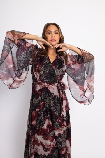 Φόρεμα maxi κρουαζέ με χρυσές λεπτομέρειες εμπριμέ μπορντώ - 