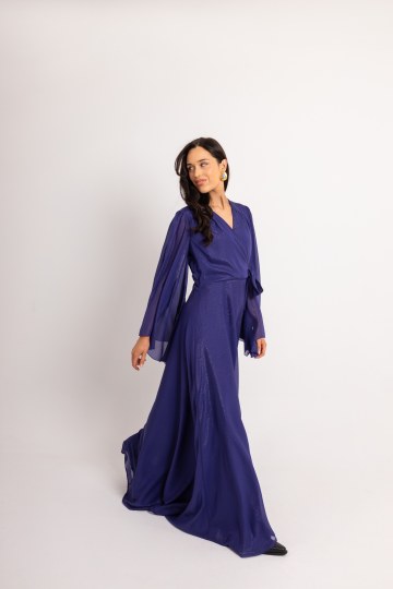 Φόρεμα maxi κρουαζέ με χρυσοκλωστή μονόχρωμο μωβ