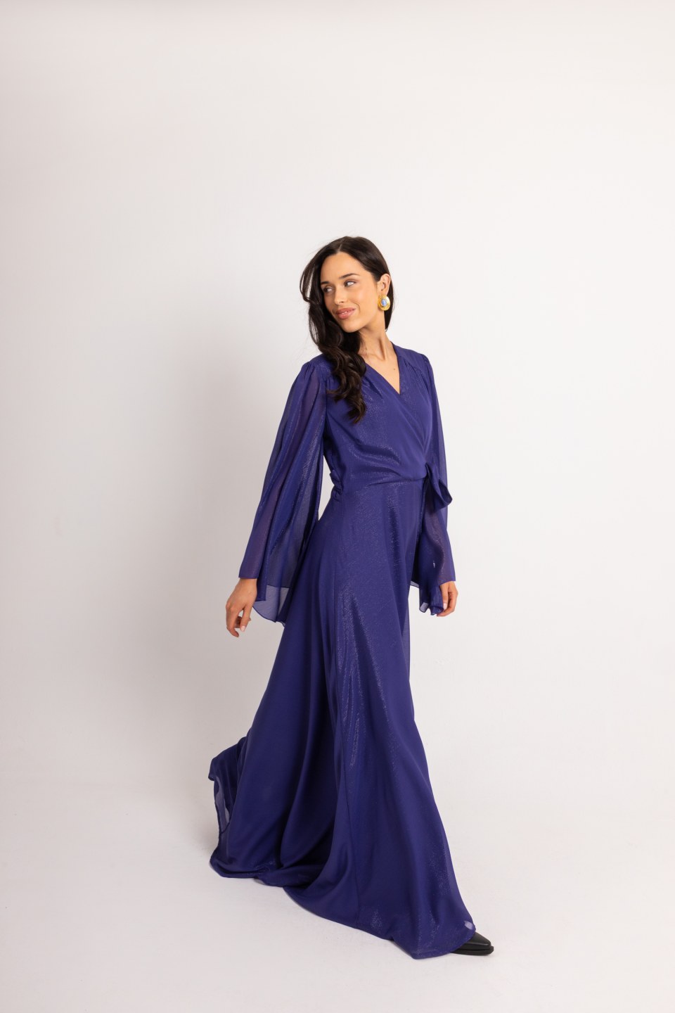 Φόρεμα maxi κρουαζέ με χρυσοκλωστή μονόχρωμο μωβ