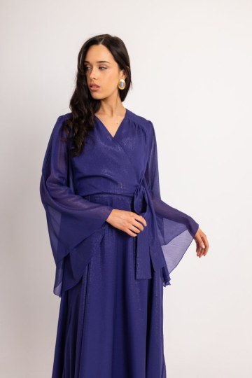 Φόρεμα maxi κρουαζέ με χρυσοκλωστή μονόχρωμο μωβ - 