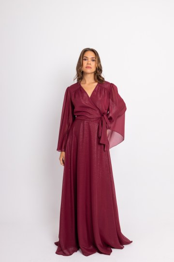 Φόρεμα maxi κρουαζέ με χρυσοκλωστή μονόχρωμο μπορντώ