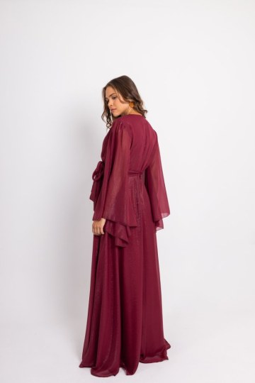 Φόρεμα maxi κρουαζέ με χρυσοκλωστή μονόχρωμο μπορντώ - 