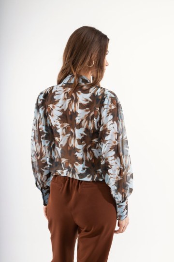 Πουκάμισο καφέ φλοράλ με διαφάνεια και φιόγκο - 