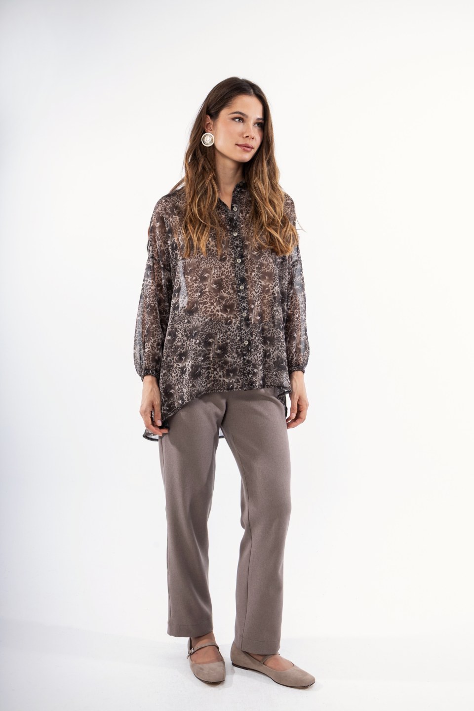 Πουκάμισο animal print καφέ με τριαντάφυλλα και χρυσοκλωστή