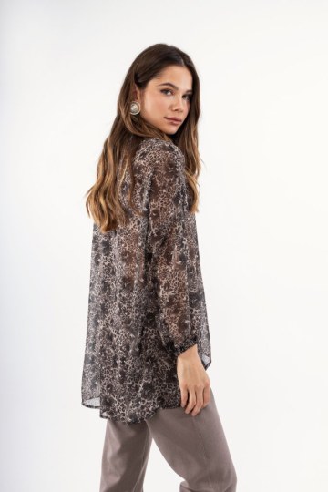 Πουκάμισο animal print καφέ με τριαντάφυλλα και χρυσοκλωστή - 