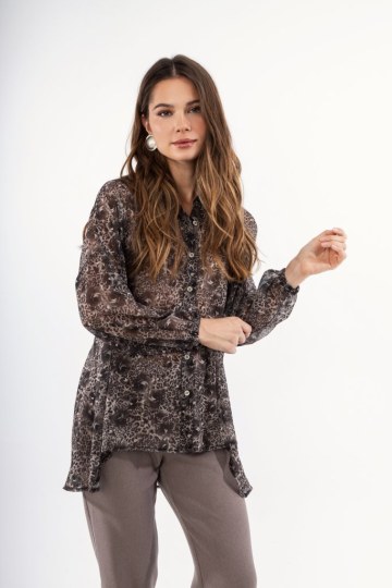 Πουκάμισο animal print καφέ με τριαντάφυλλα και χρυσοκλωστή - 