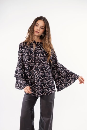 Πουκάμισο με ιδιαίτερη λαιμόκοψη εμπριμέ μπεζ