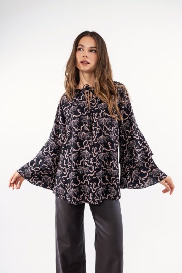 Πουκάμισο με ιδιαίτερη λαιμόκοψη εμπριμέ μπεζ - 