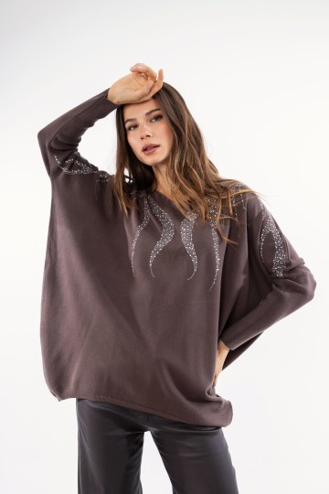 Πουλόβερ καφέ με στρας 