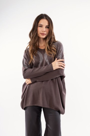 Πουλόβερ καφέ με στρας  - 