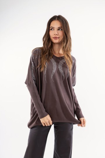 Πουλόβερ καφέ με στρας  - 