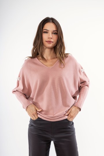 Πουλόβερ ροζ με διακοσμητικά φιογκάκια από πέρλα 