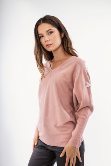 Πουλόβερ ροζ με διακοσμητικά φιογκάκια από πέρλα  - 