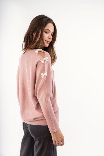 Πουλόβερ ροζ με διακοσμητικά φιογκάκια από πέρλα  - 