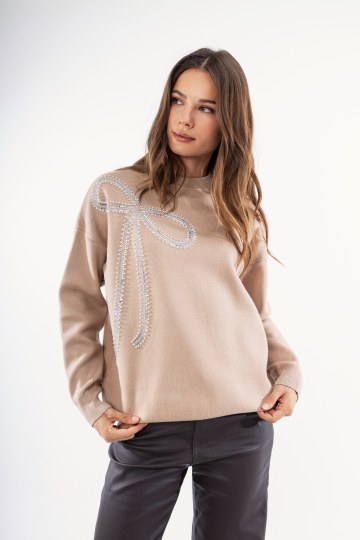 Πουλόβερ μπεζ με διακοσμητικό φιόγκο