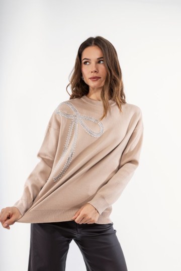 Πουλόβερ μπεζ με διακοσμητικό φιόγκο - 