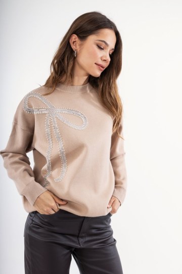 Πουλόβερ μπεζ με διακοσμητικό φιόγκο - 