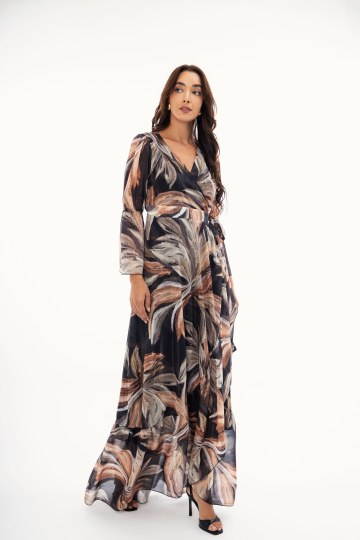 Φόρεμα maxi κρουαζέ εμπριμέ με φύλλα