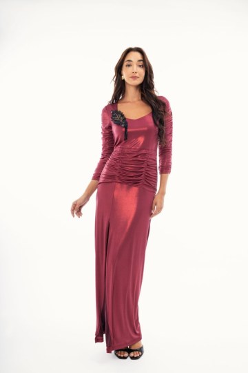 Φόρεμα μεταλιζέ μπορντώ με σούρες - 