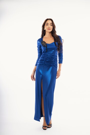 Φόρεμα μεταλιζέ μπλε με σούρες