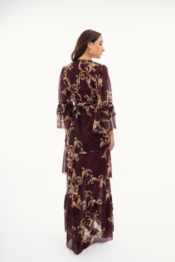 Φόρεμα maxi κρουαζέ με δέσιμο στο πλάι εμπριμέ μπορντώ - 