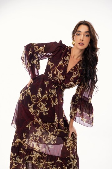 Φόρεμα maxi κρουαζέ με δέσιμο στο πλάι εμπριμέ μπορντώ - 