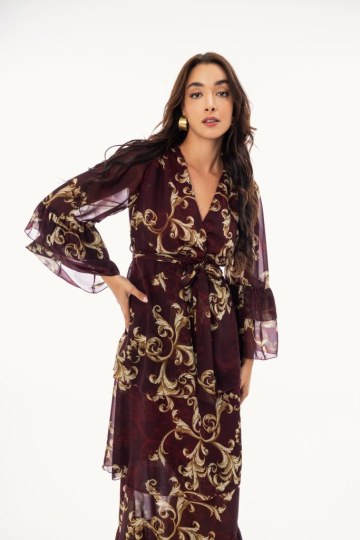 Φόρεμα maxi κρουαζέ με δέσιμο στο πλάι εμπριμέ μπορντώ - 