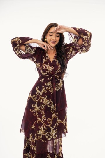 Φόρεμα maxi κρουαζέ με δέσιμο στο πλάι εμπριμέ μπορντώ - 