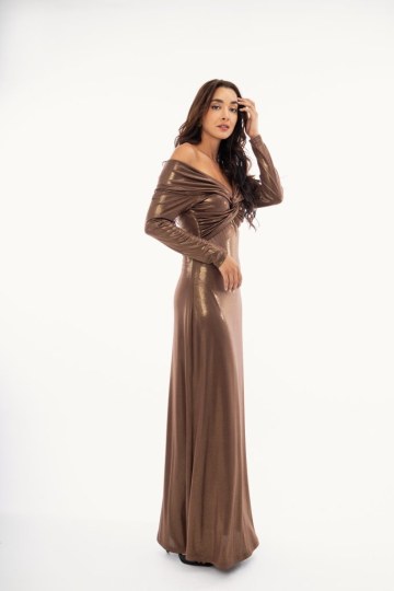 Φόρεμα μεταλιζέ με ιδιαίτερη λαιμόκοψη και εντυπωσιακό δέσιμο στο μπούστο εκάι - 