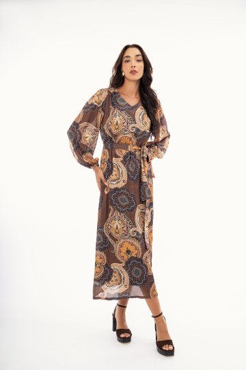 Φόρεμα maxi με ζώνη στη μέση εμπριμέ καφέ