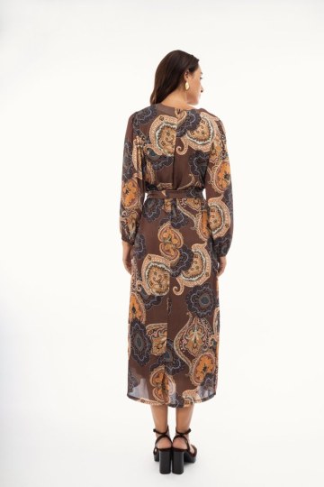 Φόρεμα maxi με ζώνη στη μέση εμπριμέ καφέ - 