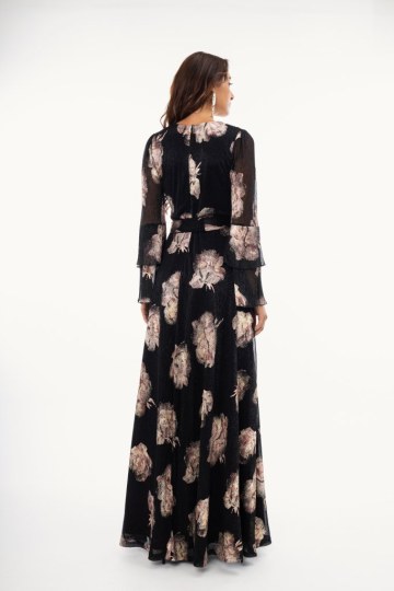 Φόρεμα maxi κρουαζέ με χρυσά σχέδια μαύρο - 