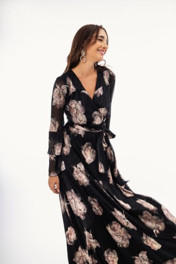 Φόρεμα maxi κρουαζέ με χρυσά σχέδια μαύρο - 