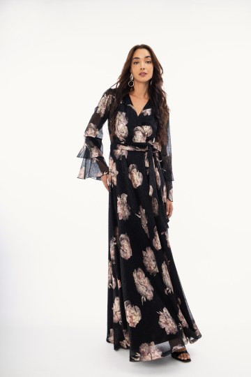 Φόρεμα maxi κρουαζέ με χρυσά σχέδια μαύρο