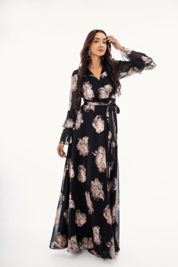 Φόρεμα maxi κρουαζέ με χρυσά σχέδια μαύρο - 