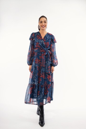 Φόρεμα κρουαζέ μπλε φλοράλ με βολάν 