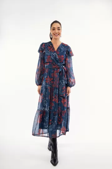 Φόρεμα κρουαζέ μπλε φλοράλ με βολάν 