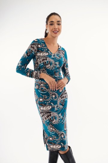 Φόρεμα midi πετρόλ με λαχούρια  - 