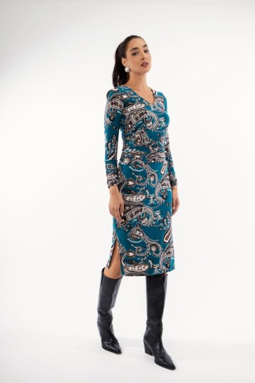 Φόρεμα midi πετρόλ με λαχούρια  - 