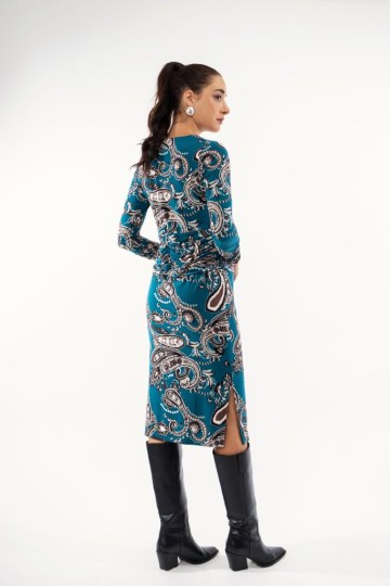 Φόρεμα midi πετρόλ με λαχούρια  - 