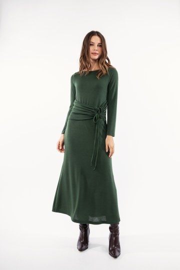 Φόρεμα χακί με σούρα και κορδόνι