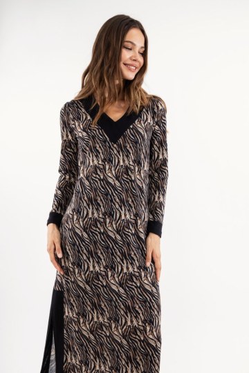 Φόρεμα καφέ midi εμπριμέ  - 