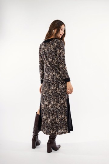 Φόρεμα καφέ midi εμπριμέ  - 