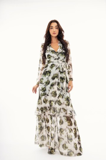 Φόρεμα κρουαζέ πράσινο με φραμπαλά και φλοράλ σχέδιο