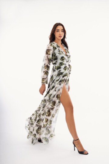 Φόρεμα κρουαζέ πράσινο με φραμπαλά και φλοράλ σχέδιο - 