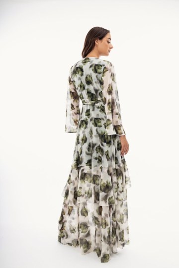 Φόρεμα κρουαζέ πράσινο με φραμπαλά και φλοράλ σχέδιο - 