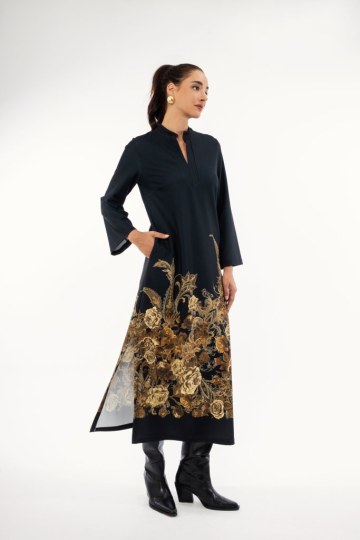 Φόρεμα μαύρο midi με λουλούδια - 