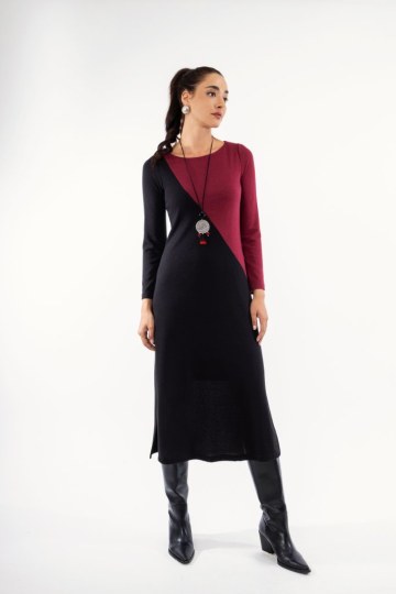 Φόρεμα μαύρο midi με δίχρωμο σχέδιο - 